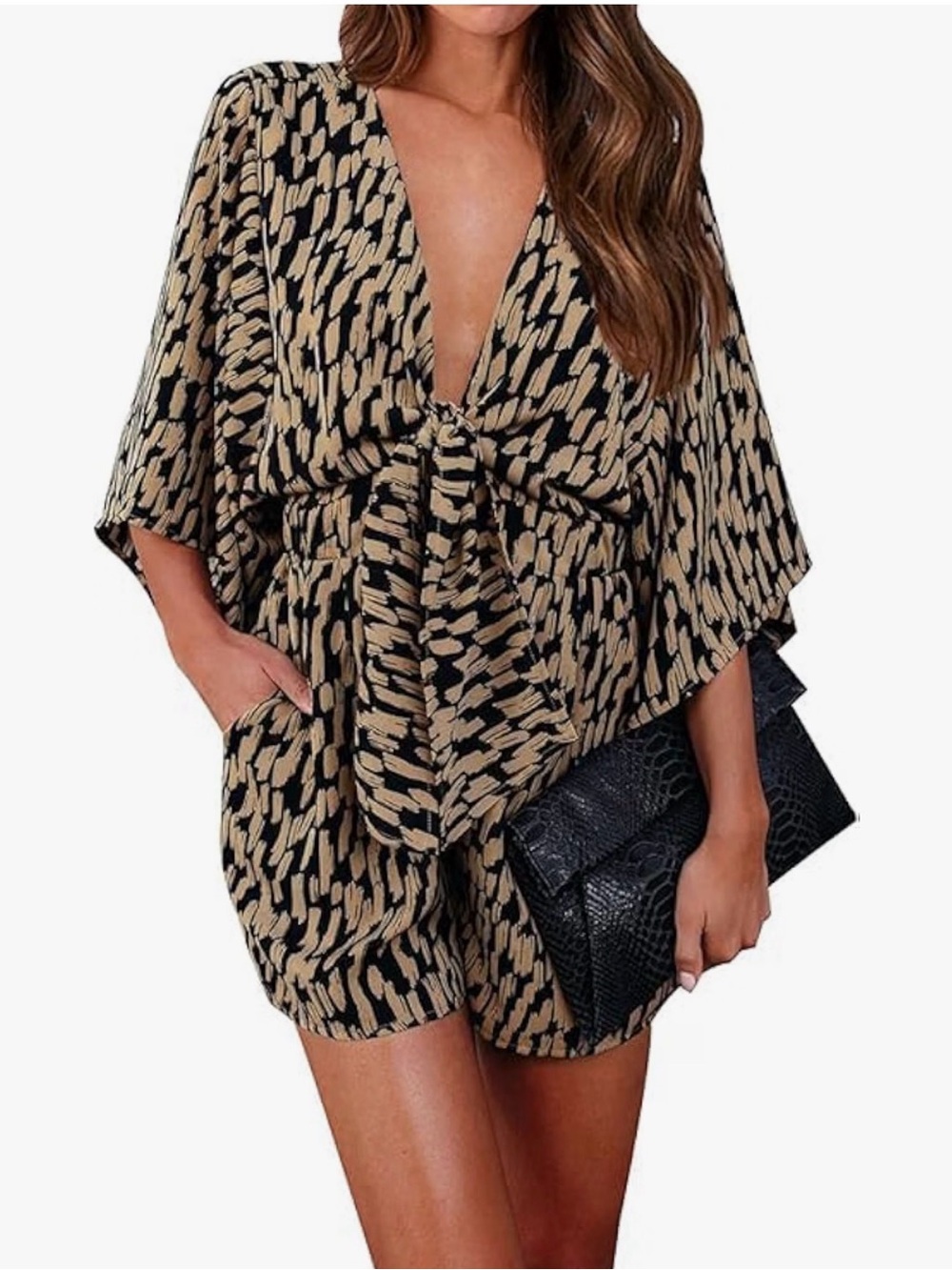 Tie-Front Mini Dress in Black & Tan